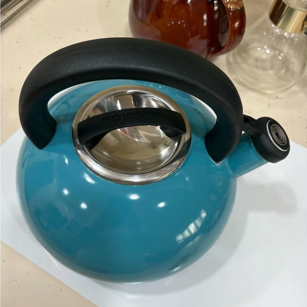 Teal Whistling Stovetop Kettle with Black Handle and Spout Cap